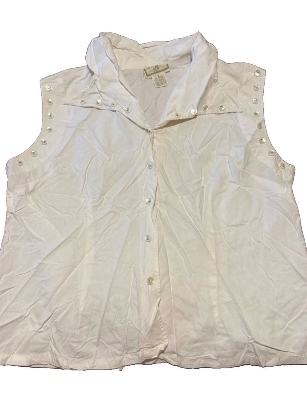 Vintage April Cornell Sleeveless Button Up White Cotton Blouse Women Medium